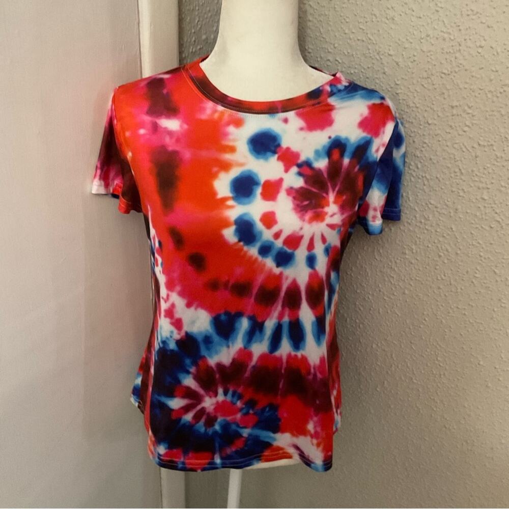 SHEIN Spiral Short Sleeve Tie Dye Crew  Neck Tee S  Casual 70s Look Cherry Girl